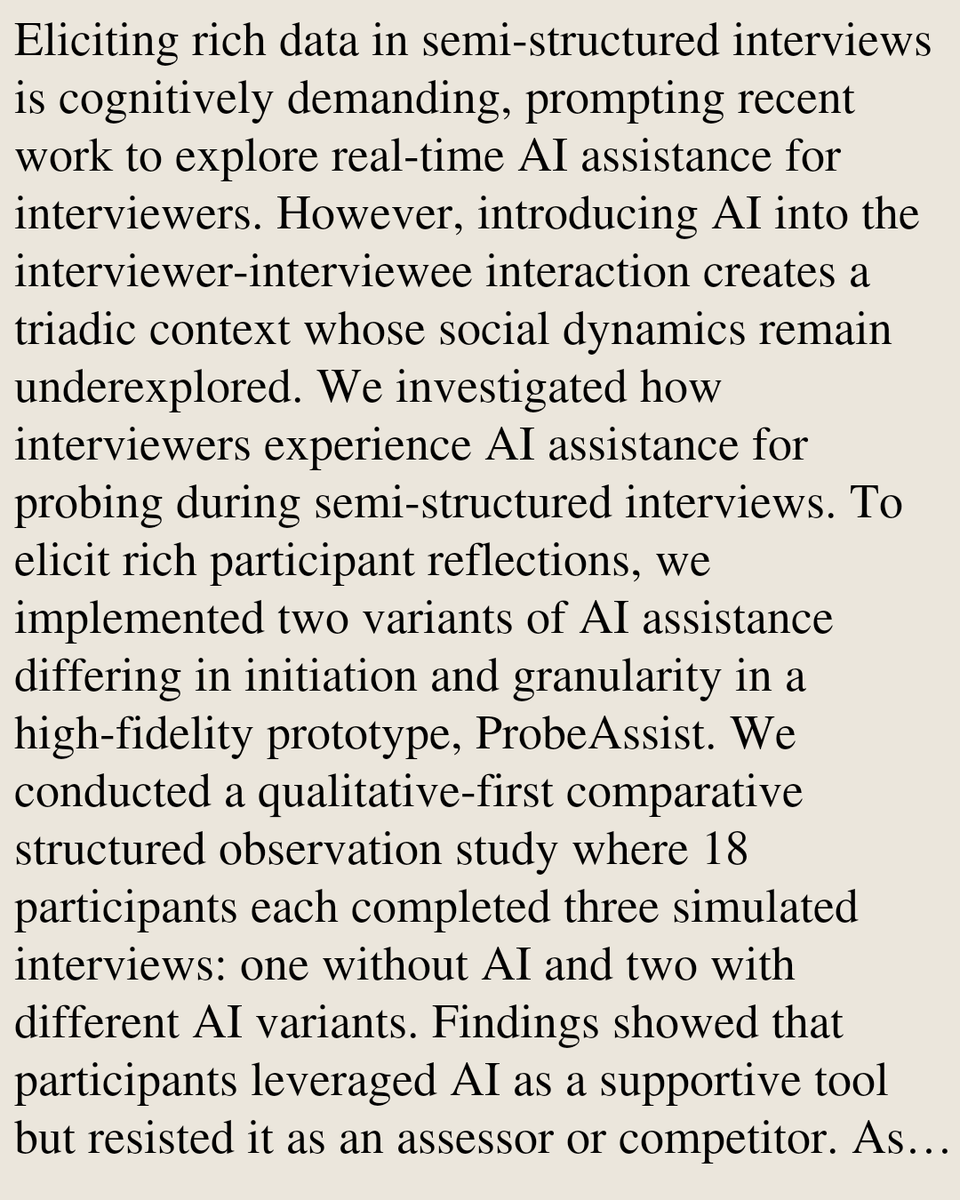 Smartphones's tweet photo. The Interviewer's Perspective: Unpacking the Impact of Real-Time AI Interviewing Assistance on Social Dynamics

Zhe Liu, Jiamin Dai, Joanna McGrenere
https://t.co/ddfL8hxCzX [𝚌𝚜.𝙷𝙲] https://t.co/33iZgfBZDz