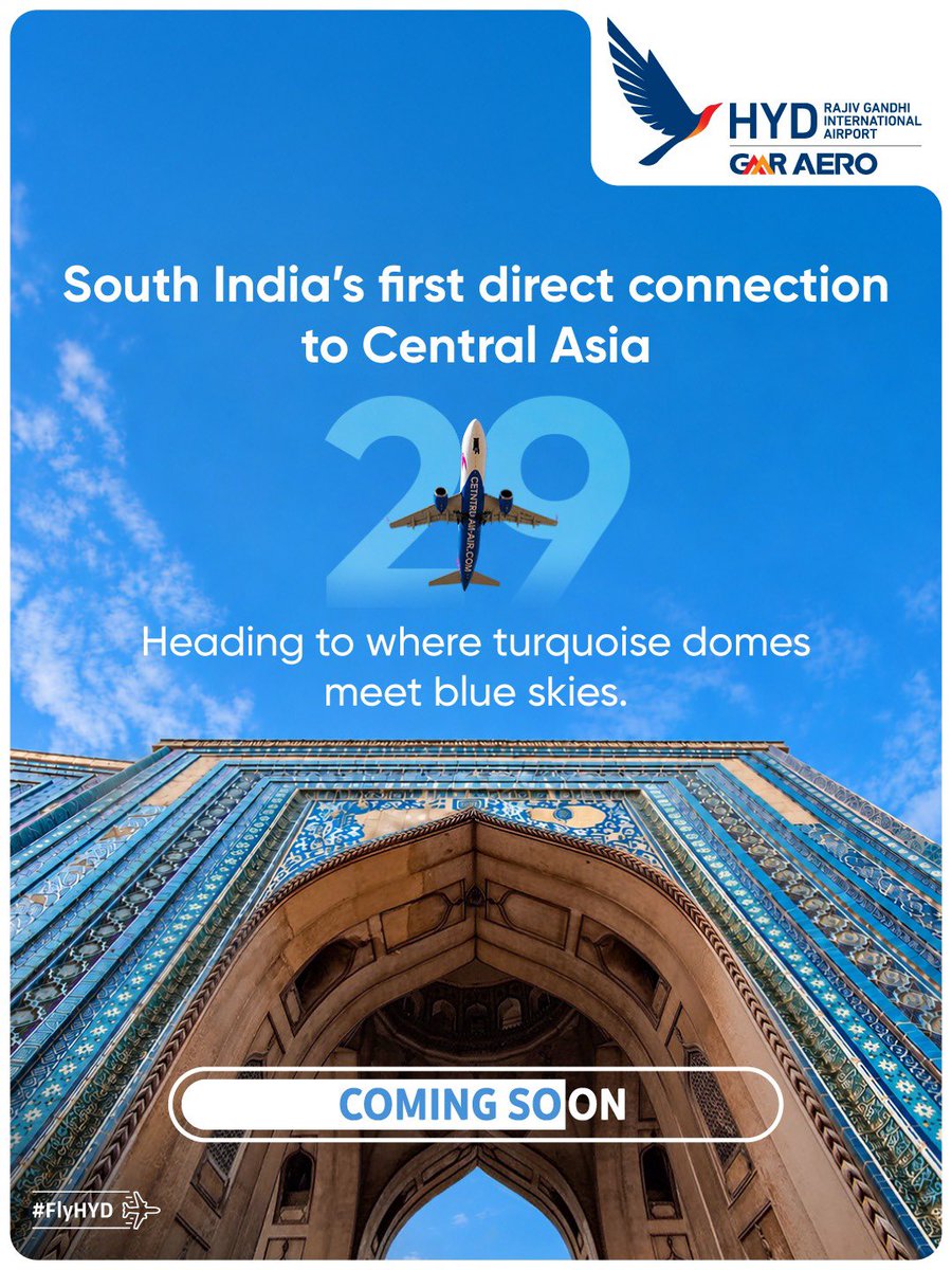 RGIAHyd's tweet photo. Where turquoise domes soar into clear blue skies, centuries of history and vibrant culture await. A breathtaking destination in Central Asia is about to get a whole lot closer from 29th September.

#HYDAirportBulletin #HyderabadAirport #FlyHYD #Uzbekistan #CentrumAir

@centrumAir @FTCCI @tourismgoi 
@AAI_Official @MoCA_GoI @RamMNK 
@CII4SR
