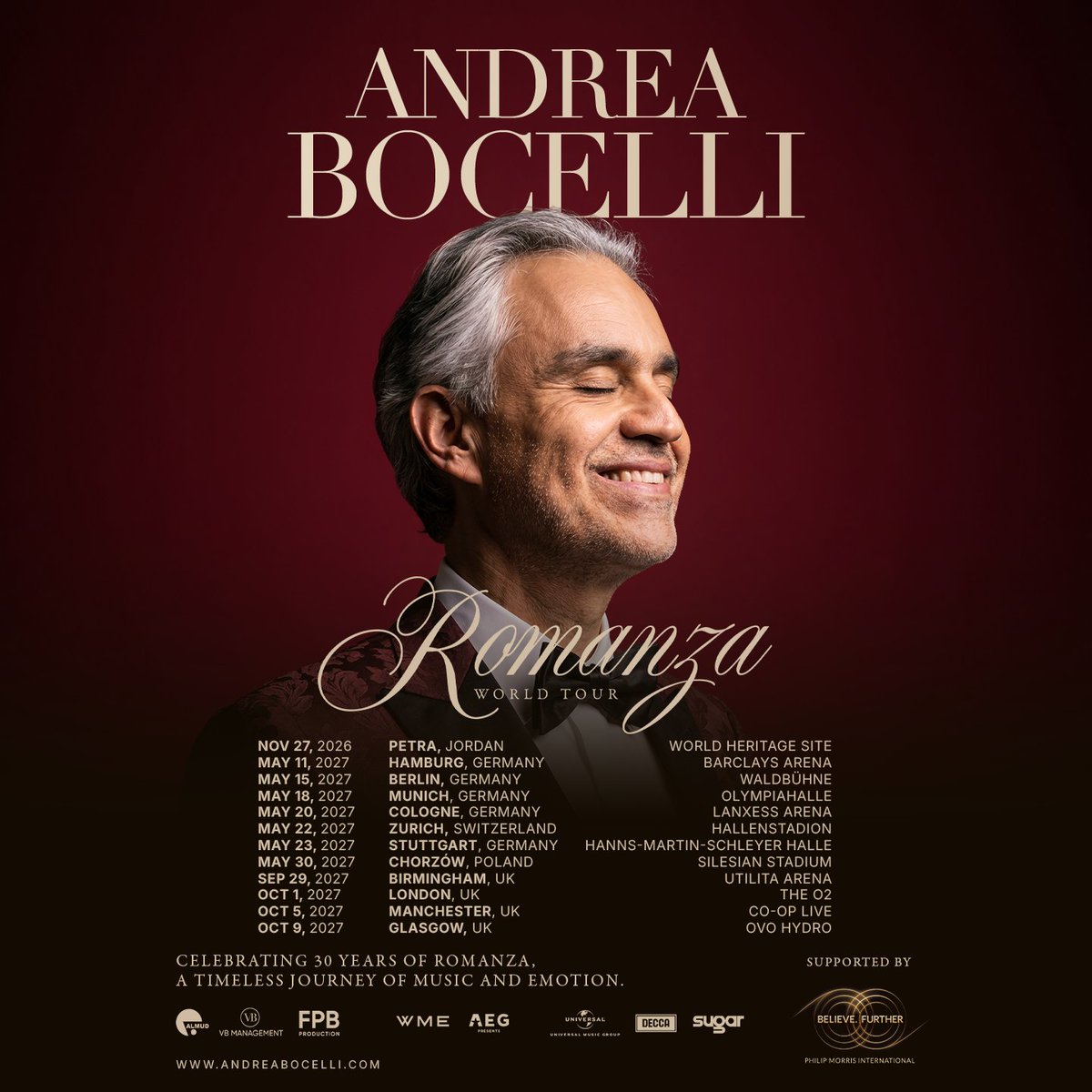 AndreaBocelli's tweet photo. ANNOUNCEMENT: The Maestro Andrea Bocelli “Romanza - 30th Anniversary World Tour” is coming to the UK, Germany, Switzerland, Poland and Jordan!

General onsale begins Friday 2nd October

More Info: https://t.co/zHfCa1XAgP https://t.co/Rca7ZXA8Uo