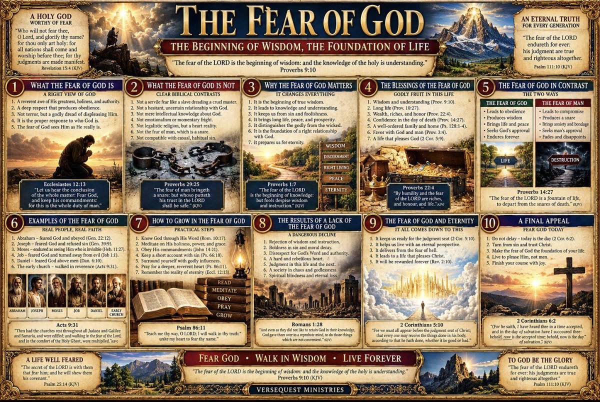 TNTJohn1717's tweet photo. 🚨‼️This chart gives a complete Bible-study overview of the fear of the Lord, what it is, what it is not, why it matters, and what it produces in a believer’s life. It shows how godly fear leads to wisdom, holiness, obedience, confidence, family strength, faithful worship, and eternal perspective, while contrasting it with the fear of man and the spiritual decline that comes when God is no longer taken seriously. The chart also walks through biblical examples, practical ways to grow in godly fear, and the believer’s accountability before Christ. The central message is simple: when God is feared rightly, everything else falls into its proper place.