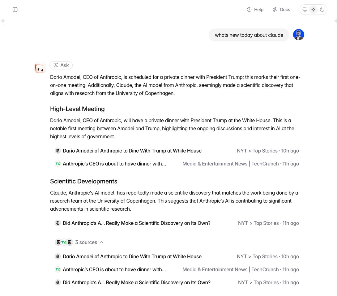 khawar_dev's tweet photo. Wow, the results are getting more refined! 🔥
Users can ask what’s been happening based on the relevant sources they’ve added as feeds.
#Repurai #buildinpublic https://t.co/cW7AQMxLnN