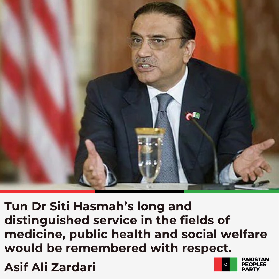 MediaCellPPP's tweet photo. President @AAliZardari expresses his deep sorrow and condolences over the passing of Tun Dr Siti Hasmah Mohamad Ali, wife of former Prime Minister of Malaysia Tun Dr Mahathir Mohamad.

Read More: https://t.co/dj4XrnLc93 https://t.co/SGiFXaAgzx