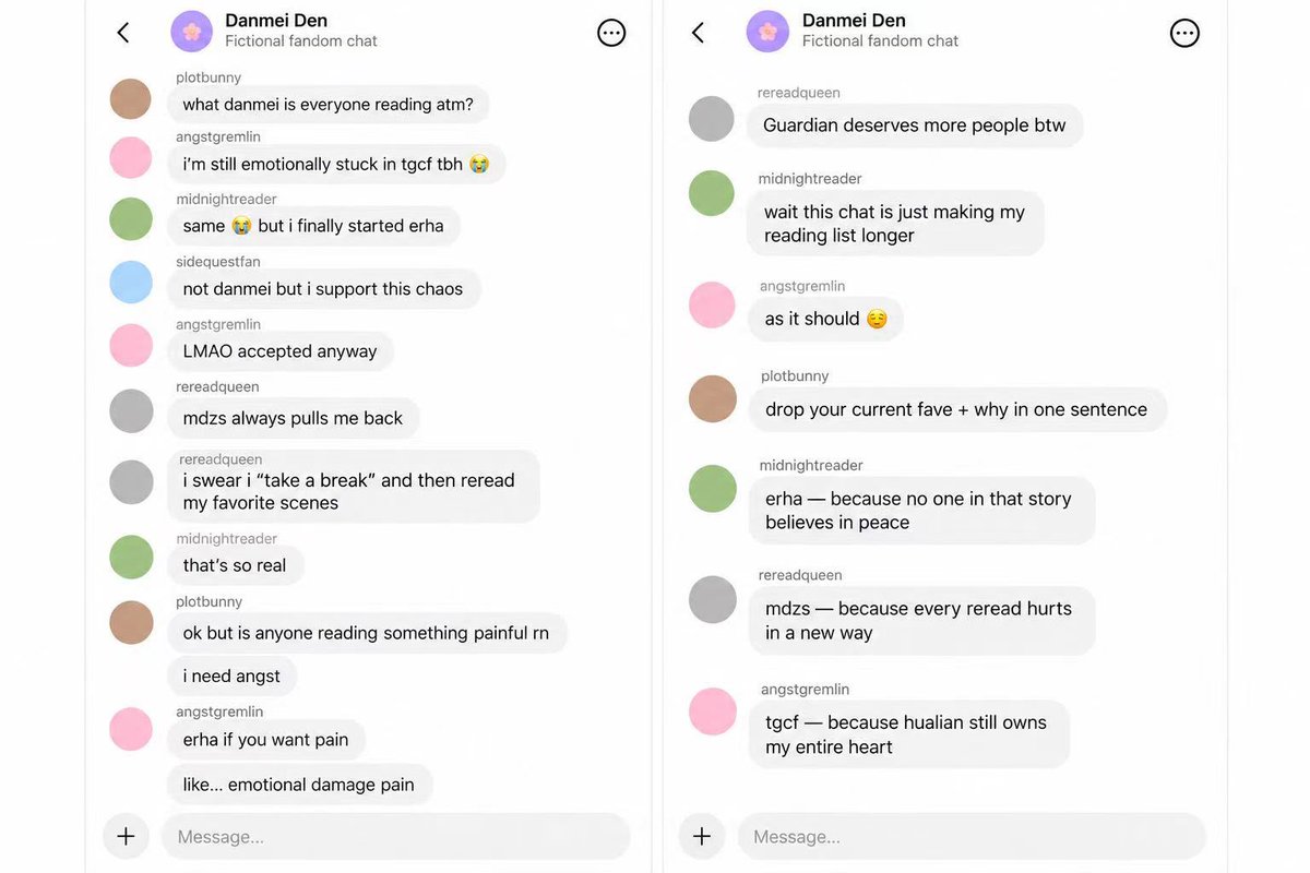 hazuzu_hq's tweet photo. one innocent question about danmei.
suddenly everyone's recommending emotional damage and the reading list is OUT OF CONTROL. 😭
inspired by our Threads community (chat recreated).
come find your people on Threads: @hazuzu_hq
#Danmei #TGCF #MDZS #Fandom https://t.co/zJA6xJMyFE