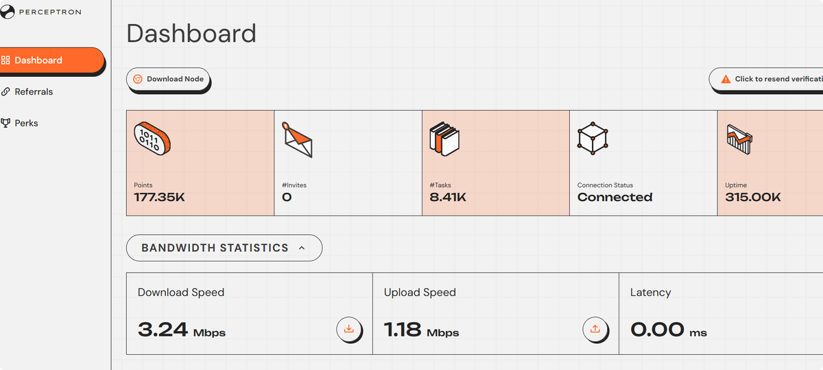 Unknown_xxx____'s tweet photo. Resilient decentralized mesh thanks to node runners like me. My Perceptron dashboard view. @PerceptronNTWK #NodeAndProud https://t.co/TSpl70txGx