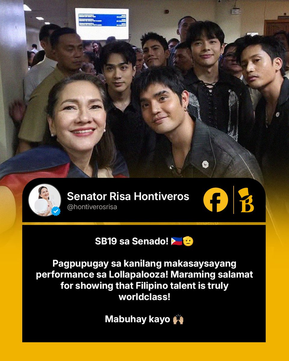 bncdotph's tweet photo. SB19 VISITS THE SENATE 🇵🇭

Senator Risa Hontiveros welcomed Filipino P-pop group SB19 to the Senate and paid tribute to their historic performance at Lollapalooza.

Hontiveros thanked the group for representing Filipino talent on the global stage and praised their contribution to showcasing Filipino music and artistry worldwide.

“Mabuhay kayo!” she said.

📸: Sen. Risa Hontiveros/Facebook