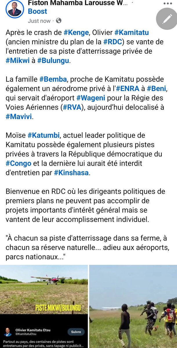 FMLarousse's tweet photo. @KamitatuEtsu aux congolais et aux victimes de #Kenge: "Bokufa bino kuna na #Kenge, #Ndjili,#Walikale... nga na ba pire vieux nanga #Igwe (@bembajp), #Chairman (@moise_katumbi) toza na ba pistes d'atterrissage privées na biso na #Mikwi, #ENRA-#Beni, #Mulonde"! https://t.co/wPO0qUaPEk