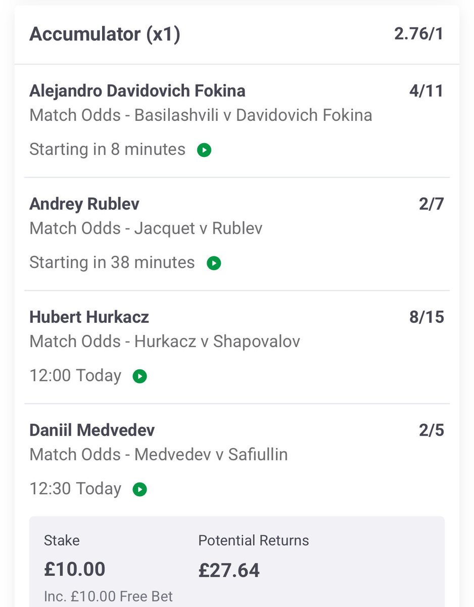 QuickBetTips's tweet photo. Starting the challenge with a 2.76 price 👀

💷 Stake: £10
📈 Odds: 2.76
💰 Potential return: £27.60

First step of the journey. Let’s see if we can build this bank 🔥

Follow along for every bet — wins, losses &amp; the full £10 → £100 challenge.

🎯 BET RESPONSIBLY. 18+.

#Tennis https://t.co/QncMThfAw9