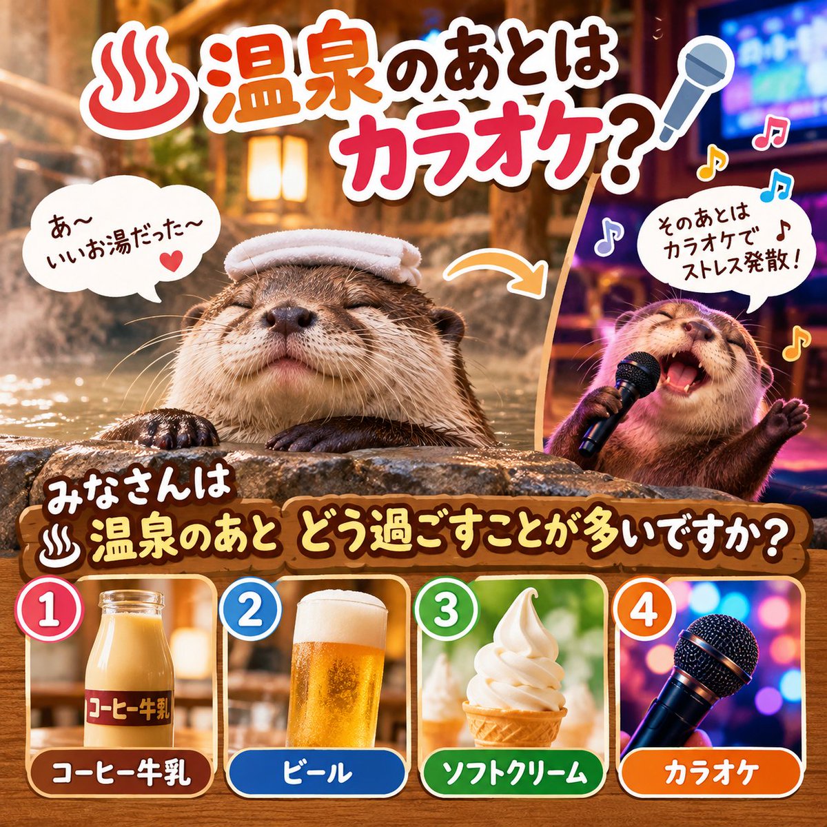 karaokezima's tweet photo. 温泉に行く前の自分  
「今日はサッと入って帰ろう♨️」

温泉に入ったあとの自分  
「……もう何もしたくない😌」

この現象に名前をつけたい。

#温泉 #温泉好き #日常 https://t.co/e5lSY25ZCR