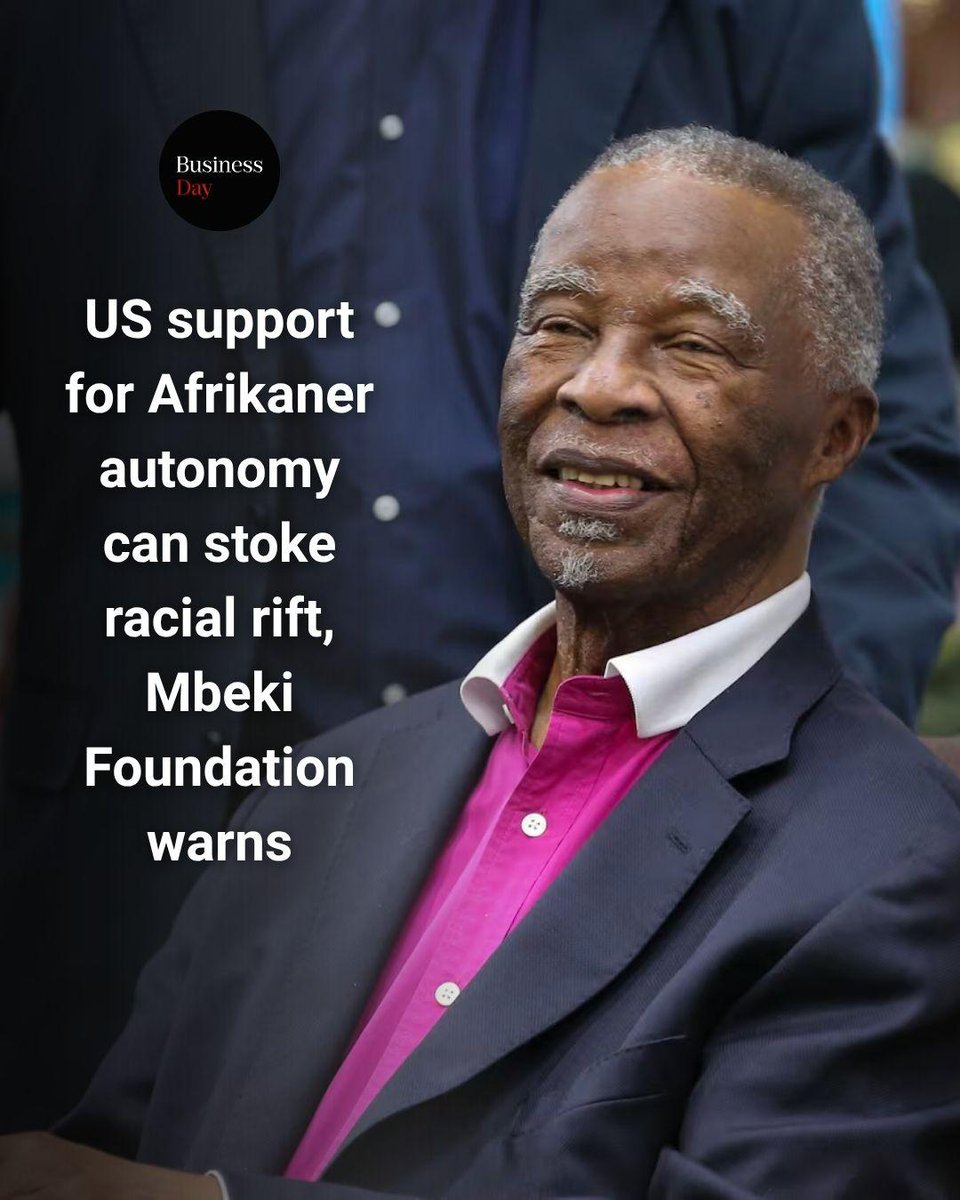 BDliveSA's tweet photo. The Thabo Mbeki Foundation has warned that growing US support for Afrikaner organisations and their demands for greater cultural and political autonomy risks entrenching the racial divisions South Africa has spent three decades trying to dismantle.

https://t.co/0xSAzfTRth https://t.co/vMQjZeumxv
