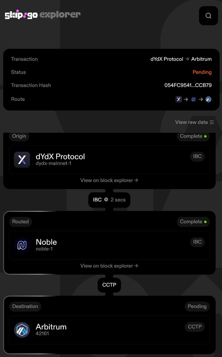 zzyxbt's tweet photo. What would you guys do if you ran into a withdrawal issue?
I’m bridging from dYdX → Noble → Arbitrum, but the transaction has been stuck for 6+ hours.
Any advice, bros? 🫡
#dYdX #Noble #Arbitrum #Bridge #DeFi #Crypto https://t.co/kSLCemhaAO