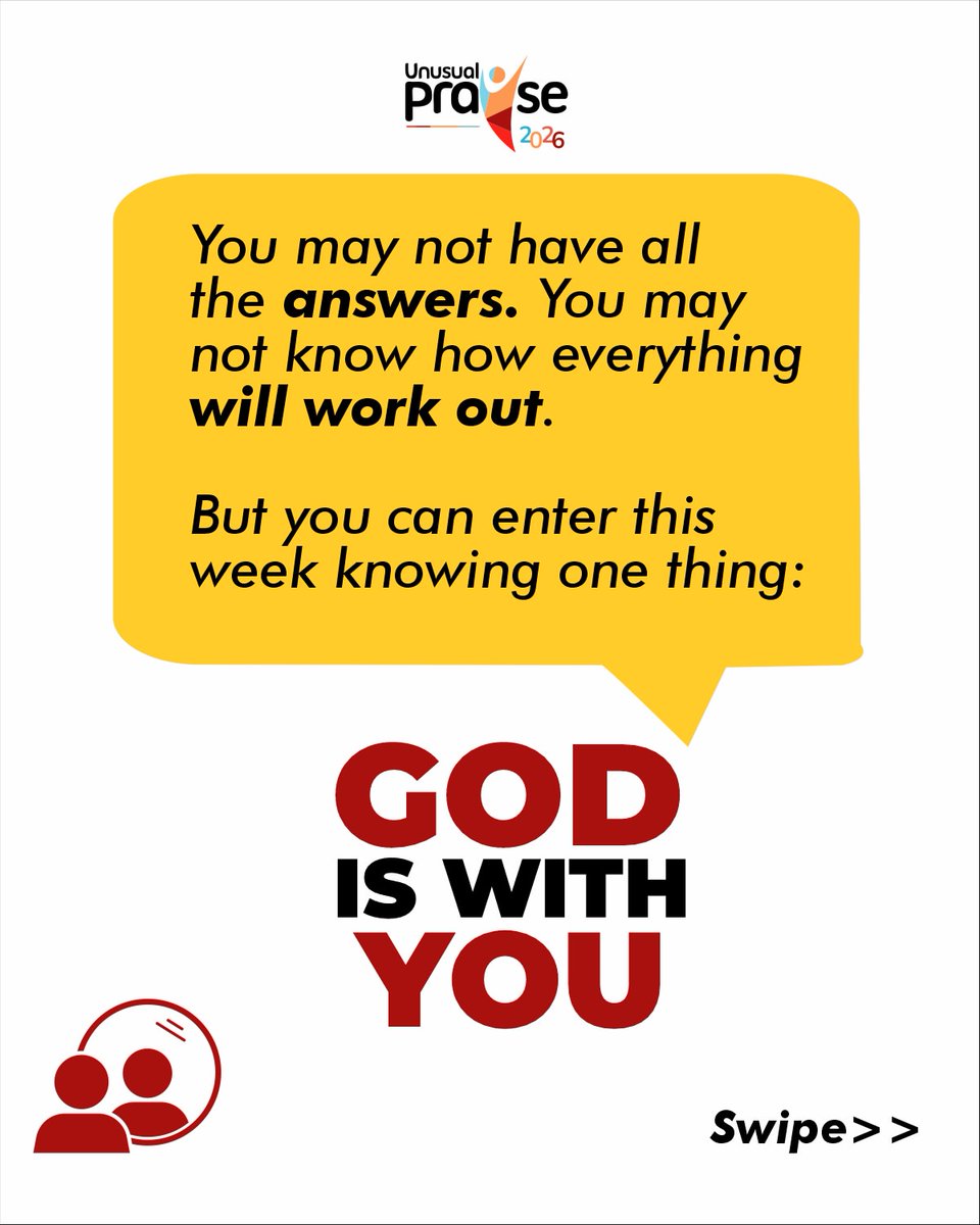 unusualpraise's tweet photo. You won’t have all the answers, but one thing is sure: God is with you. 🙏🏽

As you step into this new week, may His presence give you courage when afraid, strength when tired, and faith when you can’t see ahead.

You’re not alone. ❤️ 

#UnusualPraise2026 #WordOfTheWeek #Faith https://t.co/DItowa5WQX