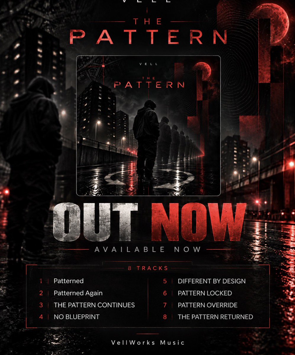 VellOfficialUK's tweet photo. THE PATTERN. OUT NOW. 🩸
8 tracks. One statement. VELL works different… patterned.
#VELL #ThePattern #VellWorksMusic #UKRap #NewMusic https://t.co/i4wDePBxaU