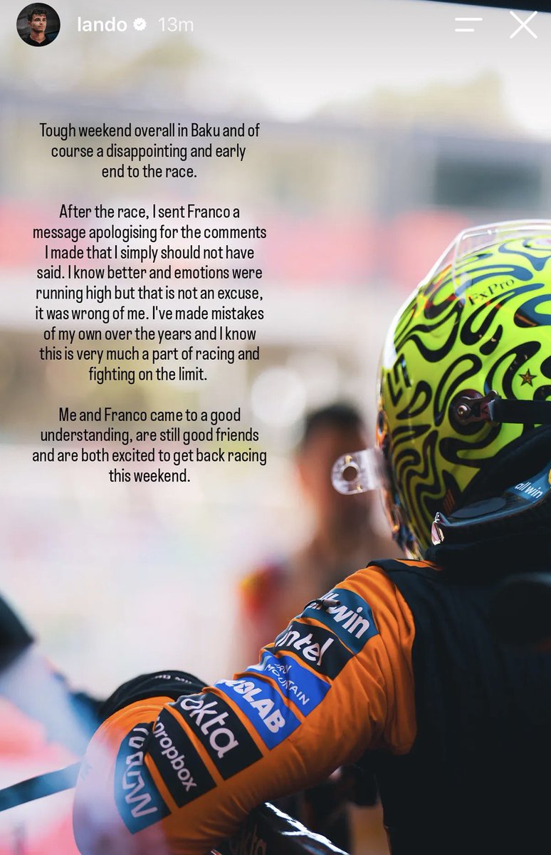 F1GuyDan's tweet photo. Pure class from Lando Norris, who says he sent Franco Colapinto a message after Baku apologizing for his comments 👏 

“I know better &amp; emotions were running high but that is not an excuse.” https://t.co/SUfAoaWAHR