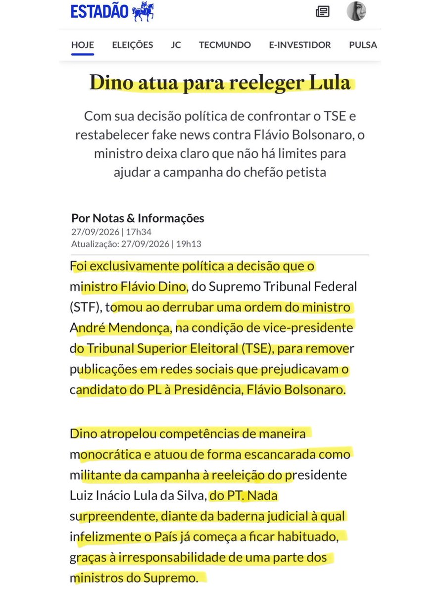 Tali_Mito22's tweet photo. O Estadão não economizou nem no título: “Dino atua para reeleger Lula”‼️ https://t.co/7sTwQHdIdu