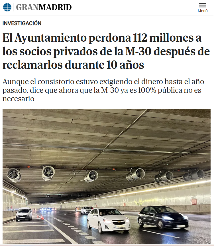 SamuelRomAporta's tweet photo. Estimo que el Ayuntamiento de Madrid, con los tejemanejes de Gallardón, habrá regalado unos 600 millones de euros a Dragados y Ferrovial con el contrato de conservación de Calle30. REGALADO, SÍ.

Hoy sale a la luz esta barbaridad. 
Os cuento. https://t.co/1ykokF9NSi