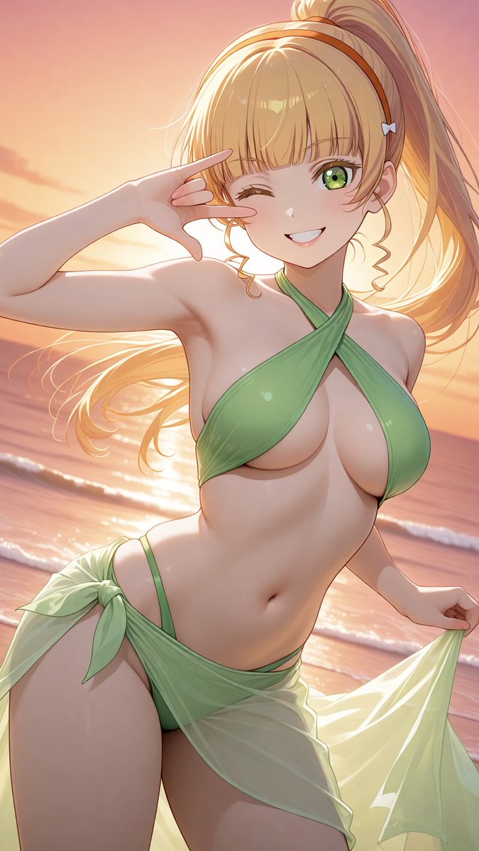 j11fbGluPJNGW4Q's tweet photo. 夕暮れ浜辺のプレッツェルへあんな
「この水着…意外とギャラクシーじゃない？」

プレッツェル作れるようになって嬉しいのでへあんなにも✨

No nudity, no suggestive intent.
SFW illustration. AIart.
#平安名すみれ生誕祭2026 https://t.co/aC0HKp0PGh