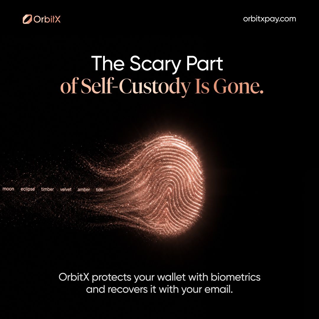 OrbitX_Pay's tweet photo. Old way: Write down 12 random words. "coral tennis ghost..."

Hide the paper. Maybe put it in a safe. Maybe give a copy to your brother. Maybe bury it in your backyard. Pray you never lose it. Because if you lose it, your crypto is gone forever.

That's why most people chose Cex instead. Scary custody vs. convenient custody.
Not because self-custody has to be that scary, but because the technology used to require seed phrases that looked like passwords generated by hitting random keys.