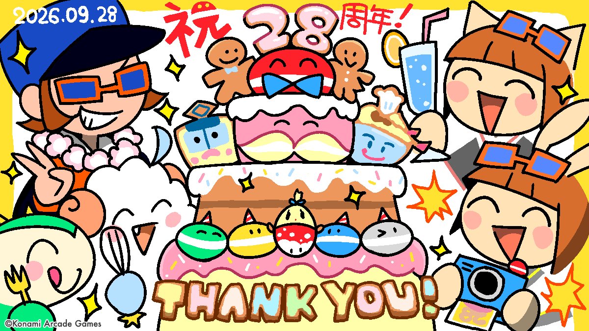 popn_team's tweet photo. ポップンミュージックは今日から28周年!
いつも応援ありがとう！これからもよろしくね♪
特別なお知らせが今日のBE生であるのでお楽しみに！
https://t.co/zMYUolQwkJ #popn https://t.co/b8eXvSxM7N