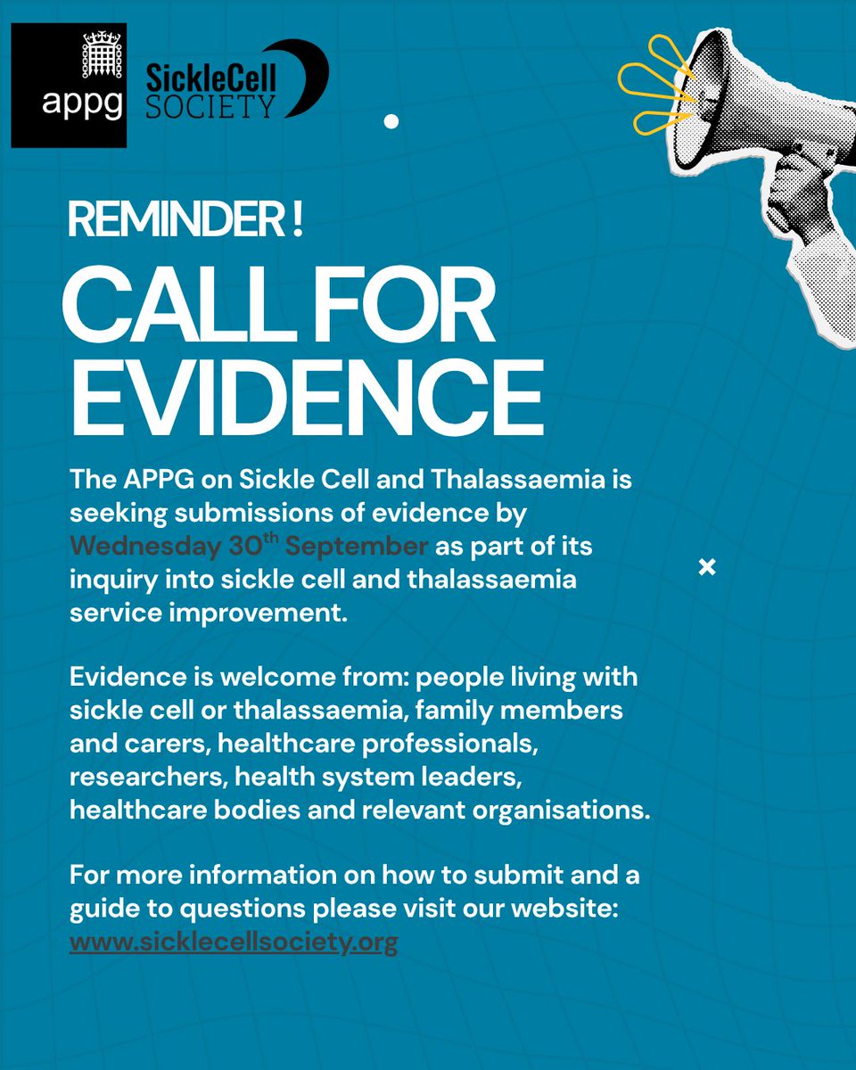 SickleCellUK's tweet photo. ⏰ 2 DAYS TO GO

The APPG on Sickle Cell and Thalassaemia’s Call for Evidence closes 30 September.

Your experiences and expertise can help inform its inquiry into improving sickle cell and thalassaemia services.

Find out more via our website.

#SickleCell #Thalassaemia #APPG https://t.co/G80sQyBJSg