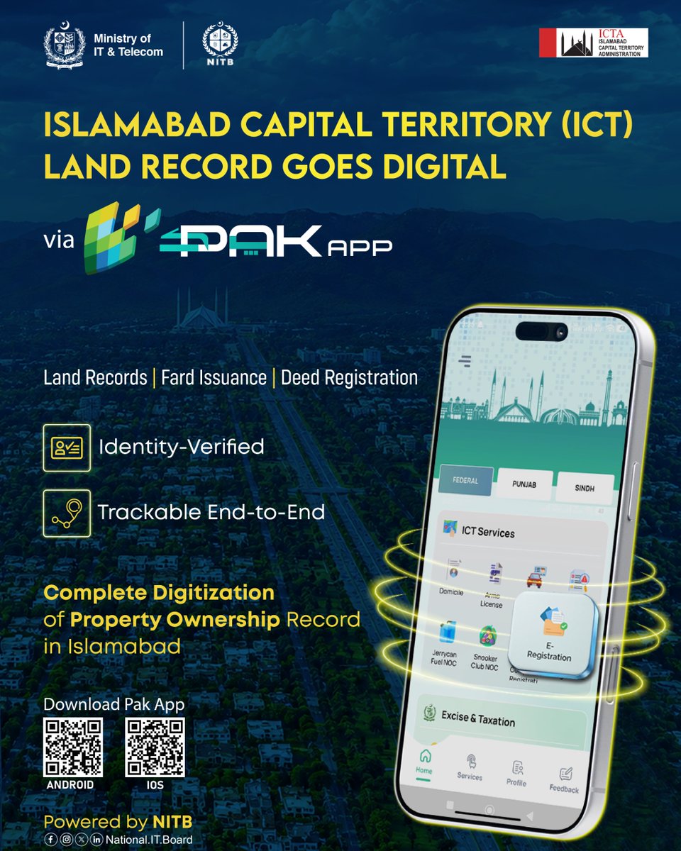 NationalITBoard's tweet photo. Islamabad Capital Territory Administration (ICTA) Land Records Go Digital via #PakApp!
#NITB brings end-to-end digital #property services to #Islamabad: Fard Issuance, Deed Registration, Biometric, Application Tracking.
Download PAK App via Google Play or iOS App Store. https://t.co/7TjzoUYywg