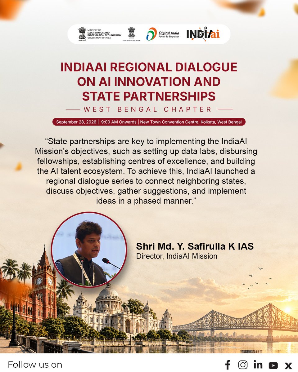 OfficialINDIAai's tweet photo. Building a robust data strategy for the future of AI!

Shri Md. Y. Safirulla K IAS, Director, IndiaAI Mission, emphasizes how platforms like AIKosh are driving data readiness—from curation and anonymization to breaking down departmental silos and making datasets accessible for the entire community.

#IndiaAI #AIKosh #DigitalIndia #ArtificialIntelligence #DataStrategy #TechLeadership 

@AshwiniVaishnaw @JitinPrasada @SecretaryMEITY @sudeep_tweets @_DigitalIndia @GoI_MeitY @mygovindia @news_webel