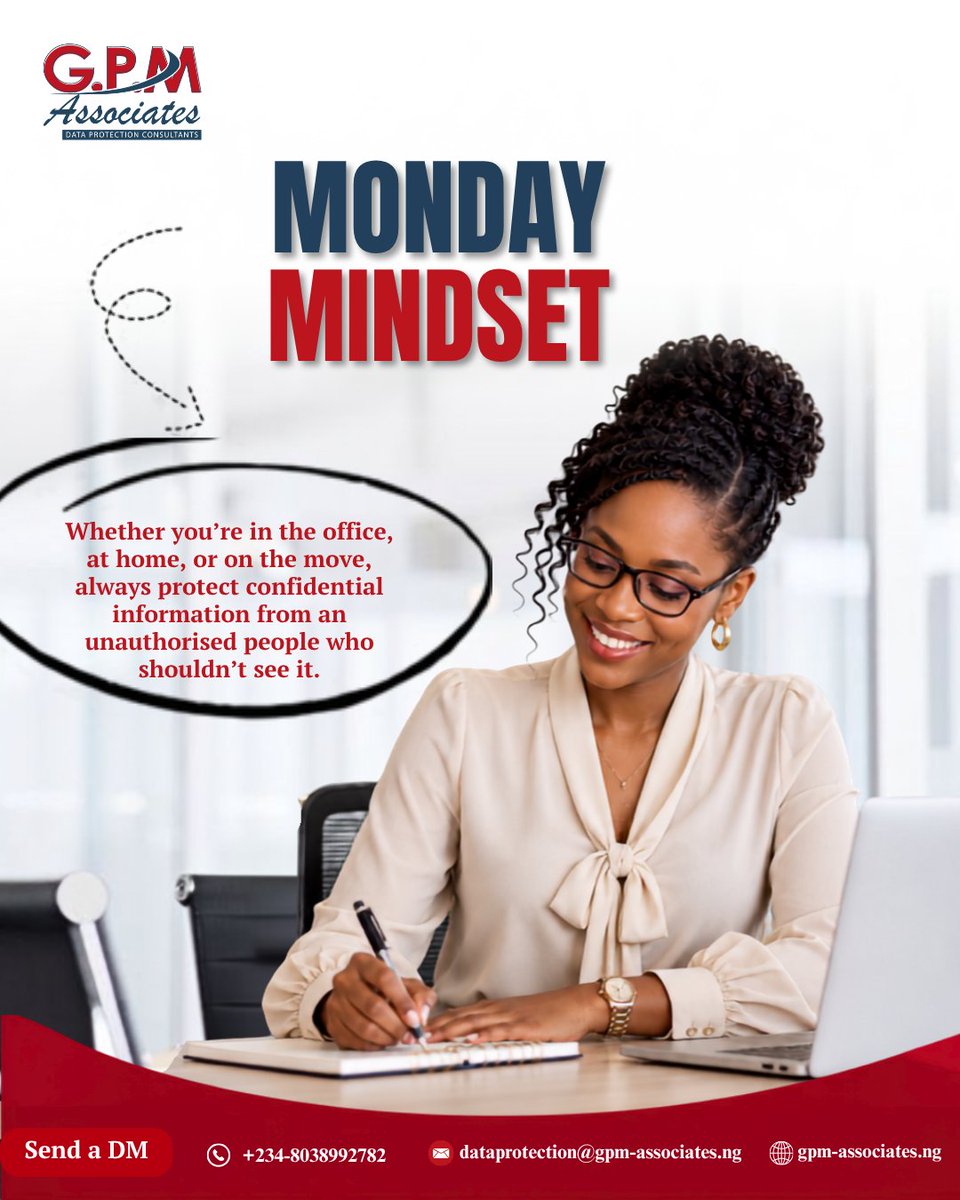GPM_DataProtect's tweet photo. Strong habits build strong protection. 🔒

Wherever you are, stay mindful of your information: 
✨ Protect it 
✨ Respect it 
✨ Secure it

Your data, your responsibility.

#MondayMindset #DataProtect #Informationsecurity #Privacymatters #GPMAssociates https://t.co/uPcBbq9sty