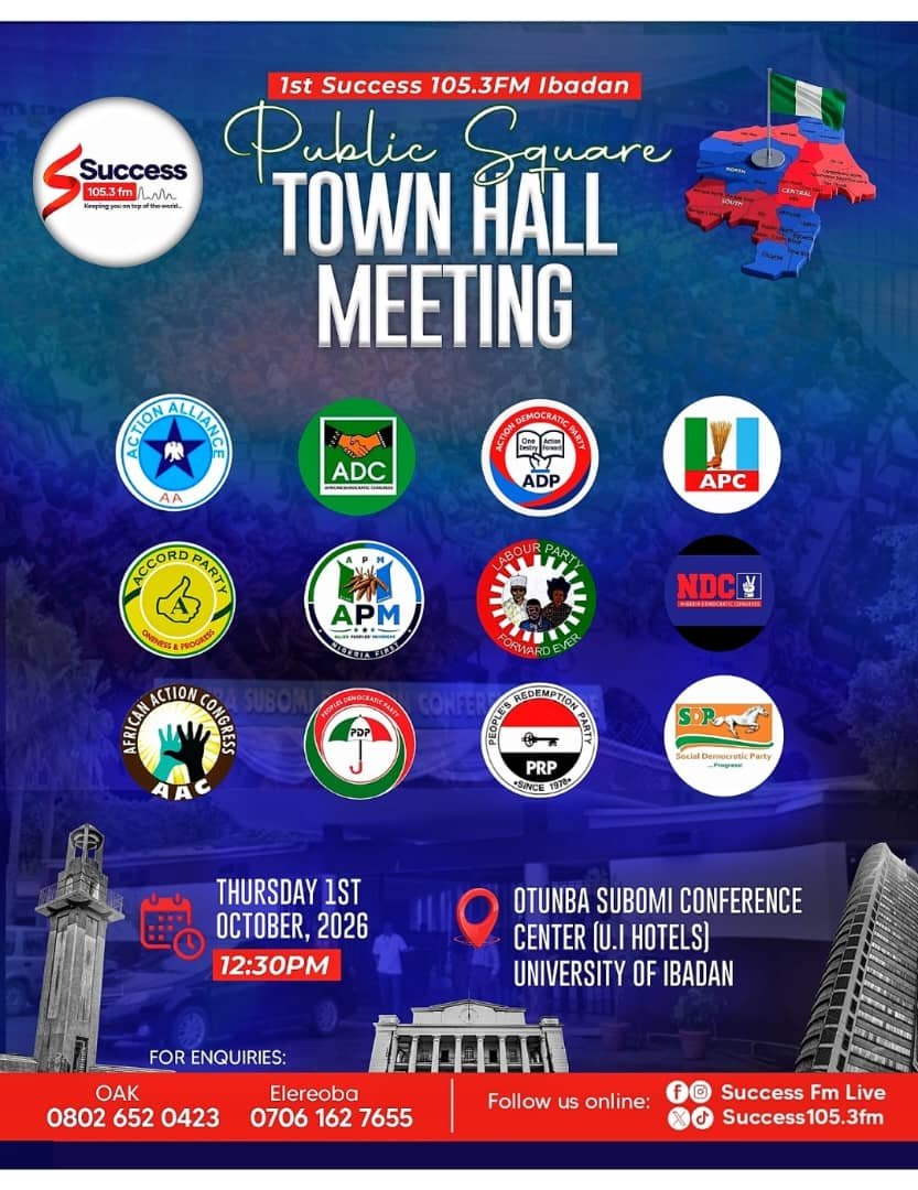 rollybello's tweet photo. It's Nigeria's 66th Independence week and Success Fm Live 1st Public Square Town Hall Meeting with Major 2027 Political Gubernatorial Candidates and Critical Stakeholders in Oyo state !!

Date: Thursday 1st October 2026

Venue : Otunba Subomi Balogun Conference centre,UI Hotels, University of Ibadan,Ibadan .

Time : 12noon !!

The Town Hall meeting will be aired live on Success 105.3fm, U can listen live terrestrially, U can watch on Facebook, YouTube, Instagram and other social media Platforms.