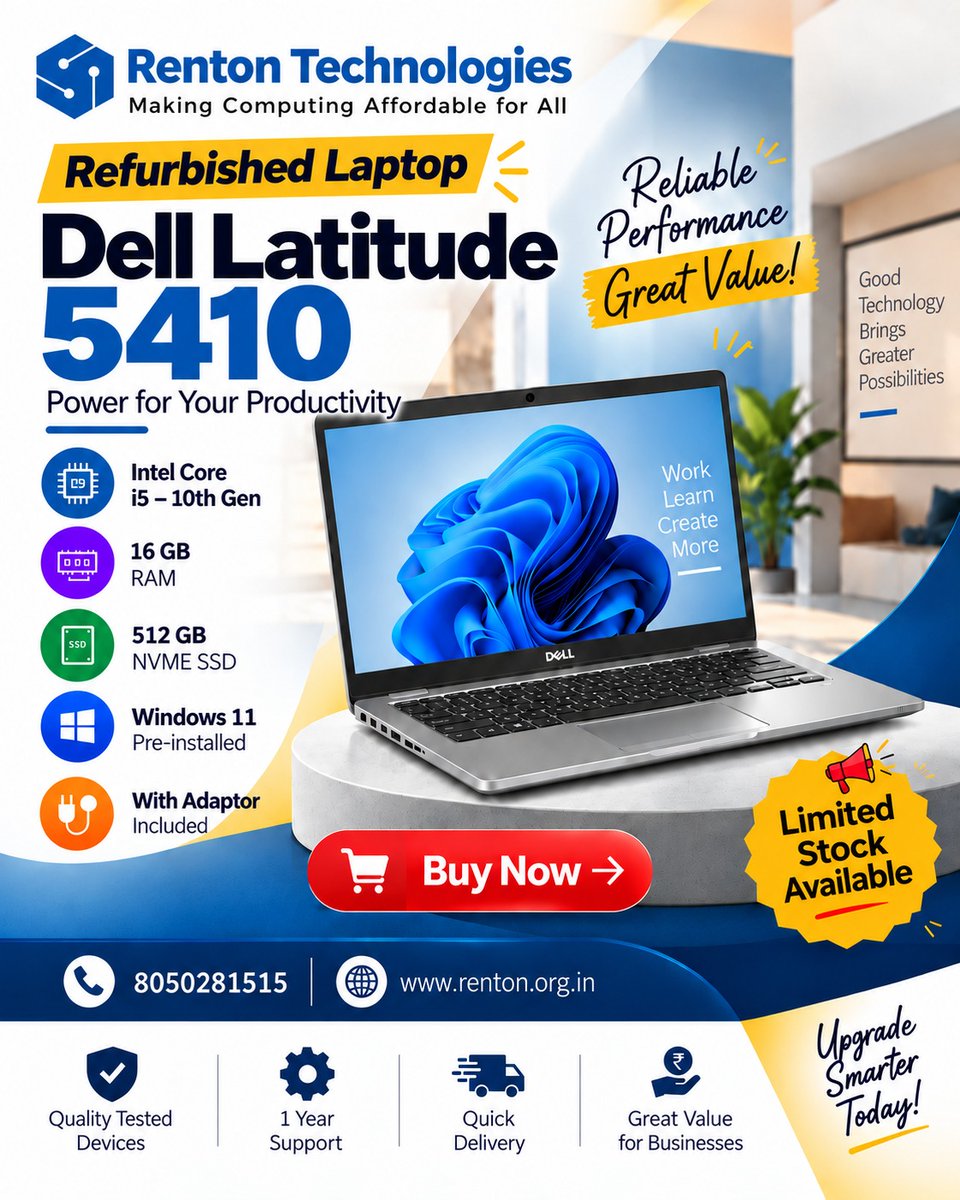 RentonT35572's tweet photo. Need a reliable laptop without the new-device price?
Dell Latitude 5410 β Refurbished
βͺοΈ i5 10th Gen/16GB RAM/512GB NVMe SSD/Windows 11/Adaptor included
π Electronic City, Bangalore
π 8050281515
π https://t.co/x3evgdjbF2
#RefurbishedLaptop #DellLatitude5410 #LaptopSale https://t.co/zdBOVXJ3ZA