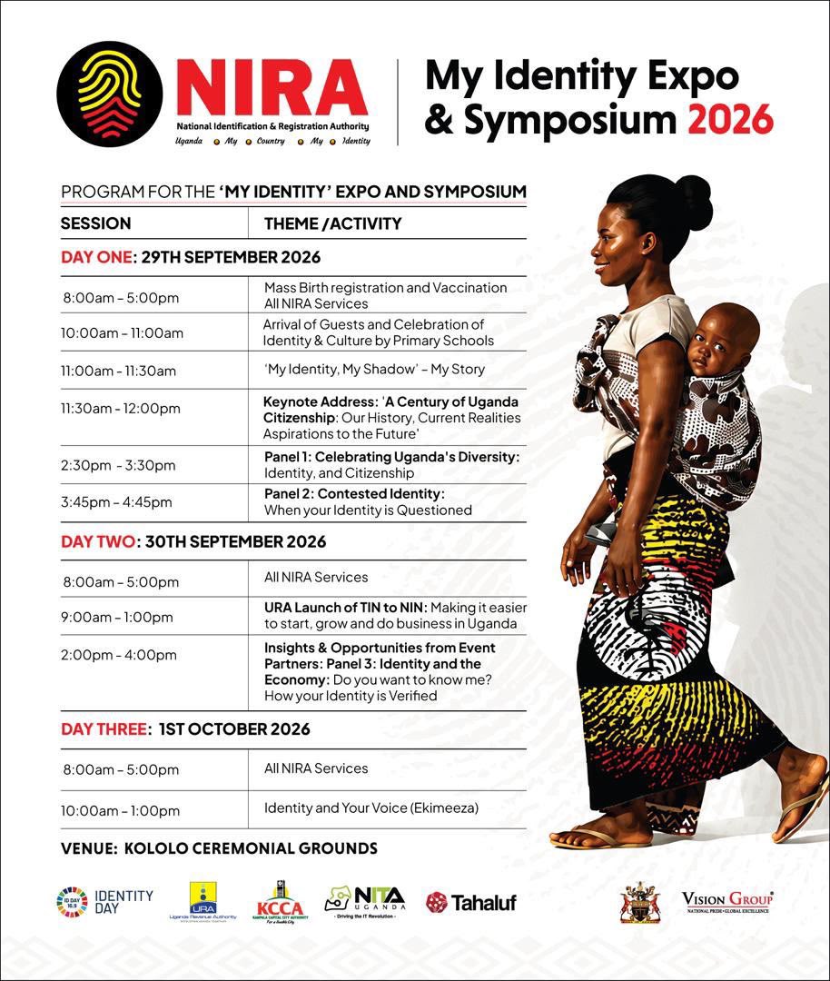 MushabeOsborn's tweet photo. Let’s meet in Kololo for #MyIdentityExpo&amp;Symposium 2026
As @NIRA_Ug we are here to serve you all and we are set to have this for 3 days
Tuesday 29th September 2026 - Thursday 1st October 2026 https://t.co/Y3a4mYy2mp