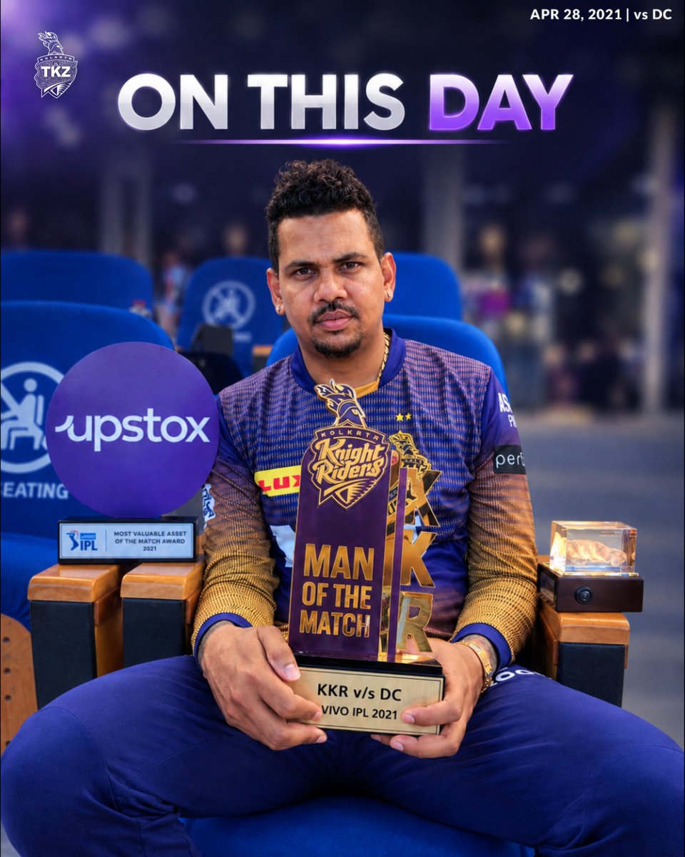 thekkrzone's tweet photo. On this day in 2021, Sunil Narine produced a sensational all-round show. 💜🔥

21 (10) with the bat &amp; 2/18 with the ball. 🏏🎯

A match-winning performance to remember — Player of the Match! 👑

#OnThisDay #KKR #SunilNarine #KKRvsDC #IPL2021 https://t.co/8T1Io9YZiE