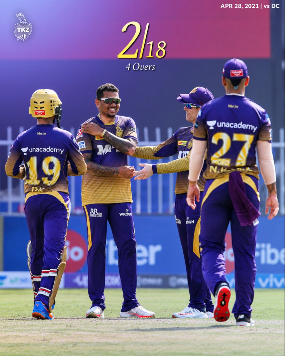 thekkrzone's tweet photo. On this day in 2021, Sunil Narine produced a sensational all-round show. 💜🔥

21 (10) with the bat &amp; 2/18 with the ball. 🏏🎯

A match-winning performance to remember — Player of the Match! 👑

#OnThisDay #KKR #SunilNarine #KKRvsDC #IPL2021 https://t.co/8T1Io9YZiE