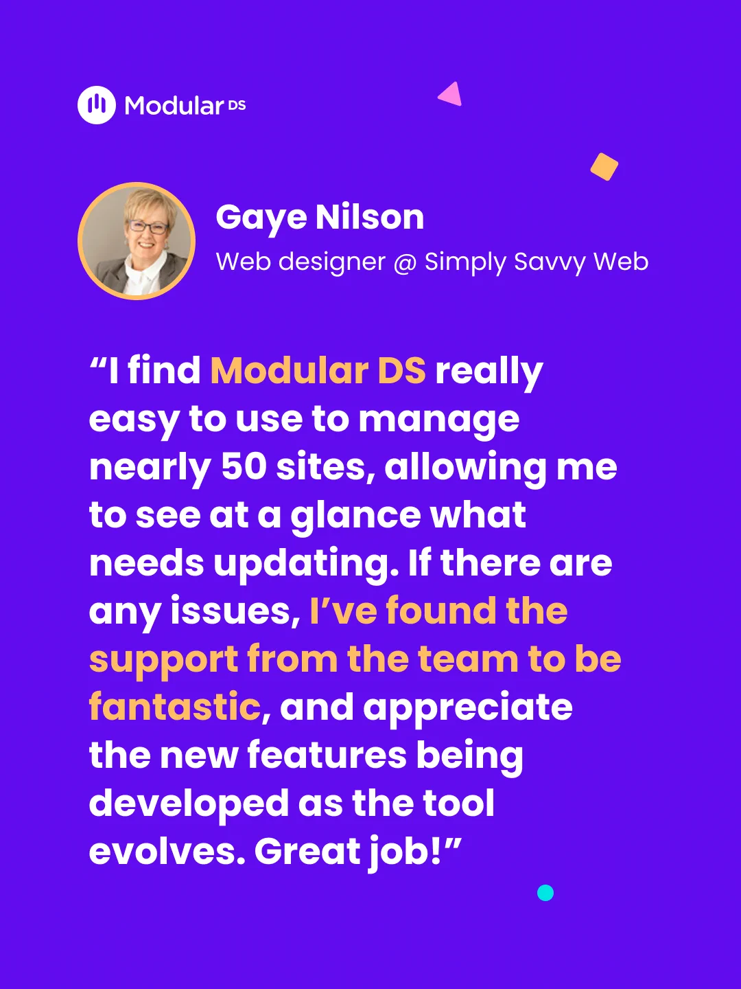 Testimonial from Gaye Nilson, web designer at Simply Savvy Web: "I find Modular DS really easy to use to manage nearly 50 sites, allowing me to see at a glance what needs updating. If there are any issues, I've found the support from the team to be fantastic, and I appreciate the new features being developed as the tool evolves. Great job!"