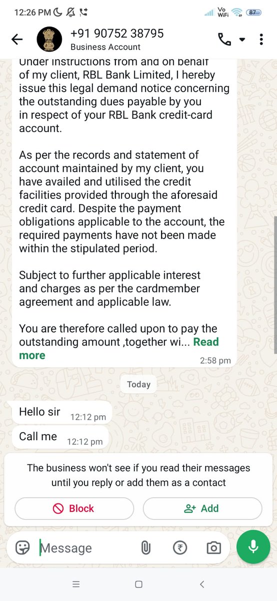 LawyerPane03's tweet photo. @RBLBankCares @rblbank @RBI @RBIsays @PMOIndia @FinMinIndia  Your recovery agents are sending threatening messages and harassing me. Please investigate and take strict action immediately. https://t.co/6oZtzPFKNP