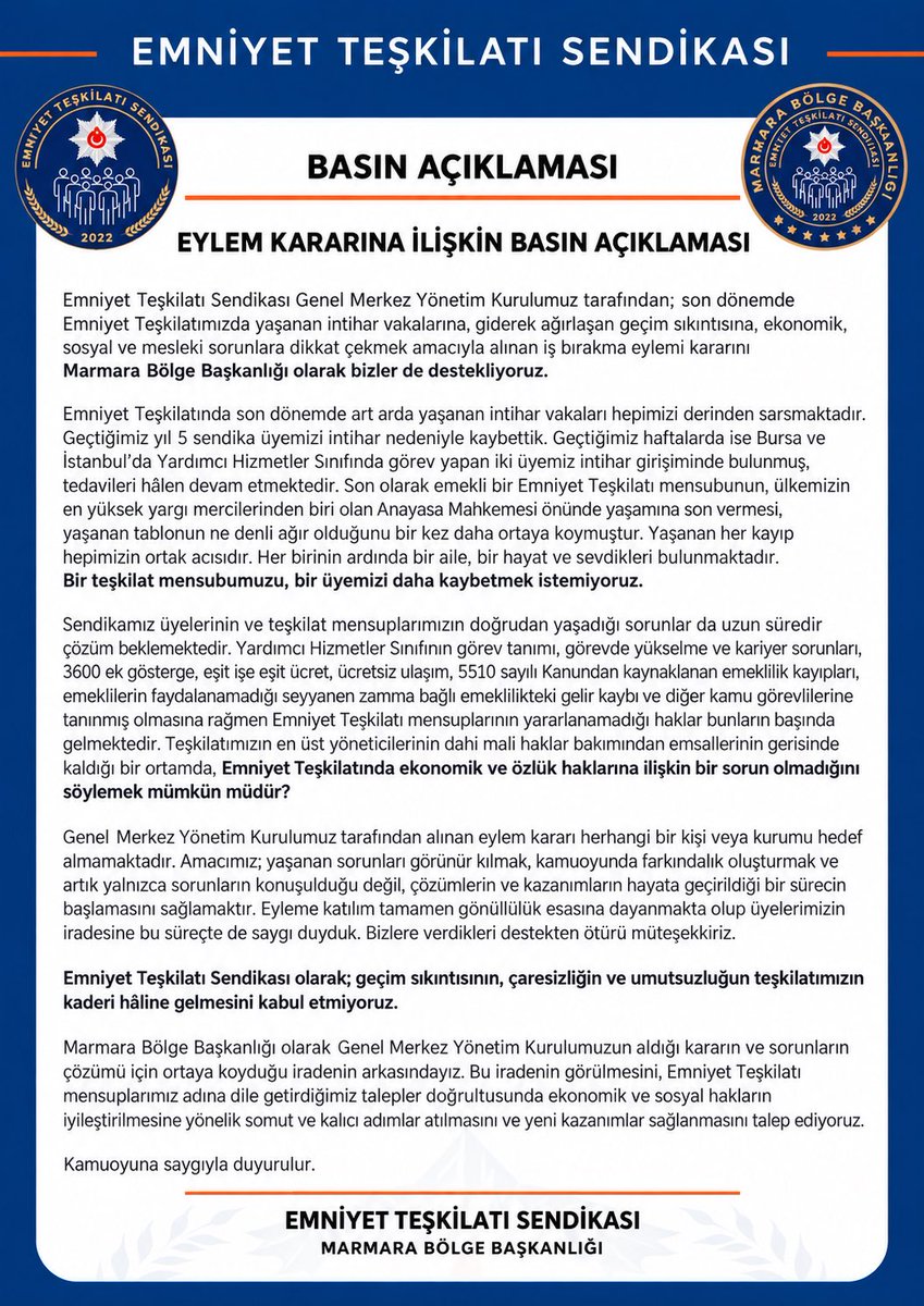 ETS_Marmara's tweet photo. Eylem Kararına İlişkin Basın Açıklamamız

Emniyet Teşkilatı Sendikası Marmara Bölge Başkanlığı olarak, Genel Merkez Yönetim Kurulumuz tarafından alınan eylem kararına ilişkin basın açıklamamız kamuoyuna saygıyla duyurulur.

@EmniyetTS @ismailokumus06 @S_cihanETS @MYucedag03 https://t.co/Ei4SRNzMTk