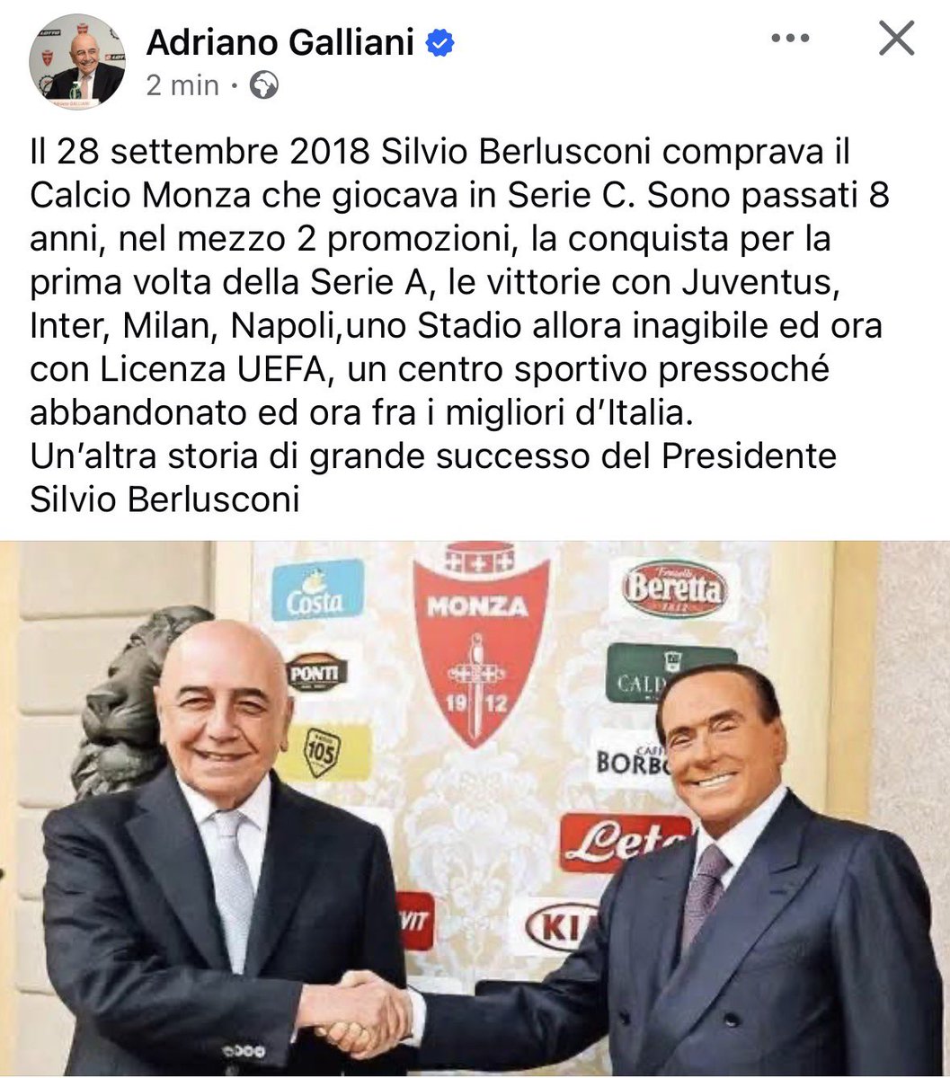 PassioneMonza's tweet photo. 8 anni fa Silvio Berlusconi formalizzava l’acquisto del Calcio Monza: ecco il ricordo di Adriano Galliani 🤍❤️ https://t.co/9oRsy8HoRp