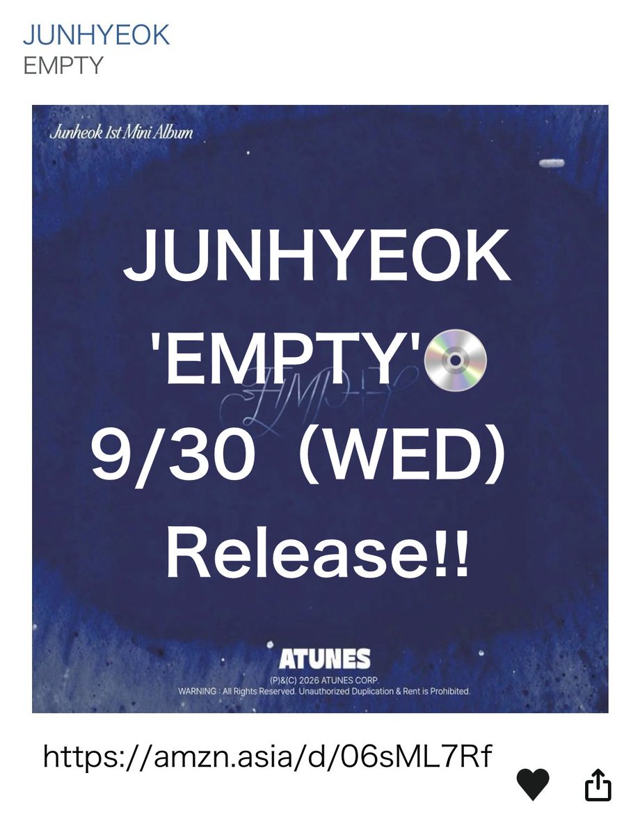 chocomi10232628's tweet photo. ◽️ JUNHYEOK 1'st album💿
`EMPTY' Release ‼︎  9月30日（水）　
タワレコ、HMV、Amazon、楽天etcで
予約受付中です‼︎

◽️公演概要
公演日：2026年10月3日（土）
【1部】開場13:30／開演14:00
【2部】開場17:30／開演18:00
会場：目黒パーシモン小ホール（東京都）

#JUNHYEOK https://t.co/aiMqFjrSGb