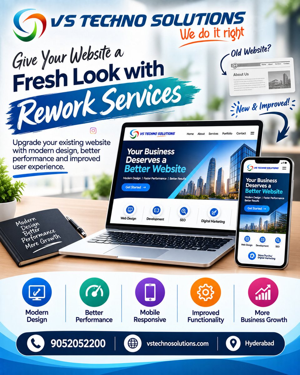 techno_vs's tweet photo. Old website holding your business back? 🔄

Get a fresh look with our website rework services in Hyderabad. Modern design. 
📞 9052052200 | https://t.co/IXfl8D4L3W
#WebsiteReworkServicesInHyderabad #WebDevelopmentHyderabad #WebsiteRedesign https://t.co/N5BV8IWLaG