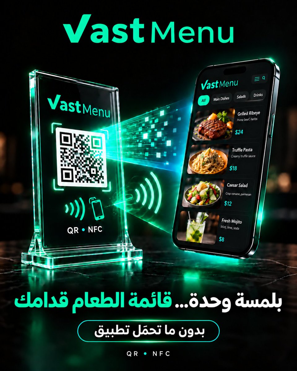 VastMenu's tweet photo. بلمسة وحدة… قائمة الطعام قدامك.
مع VastMenu، ضيوفك يفتحون قائمة الطعام فورًا عن طريق QR أو NFC، بدون ما يحمّلون تطبيق، وبدون انتظار أو خطوات معقدة.
تجربة أسرع لضيوفك، وتشغيل أذكى لمطعمك.
#VastMenu #VastGroup #DigitalMenu #RestaurantTechnology #QR #NFC #تقنية_المطاعم https://t.co/C0dciTRmNE