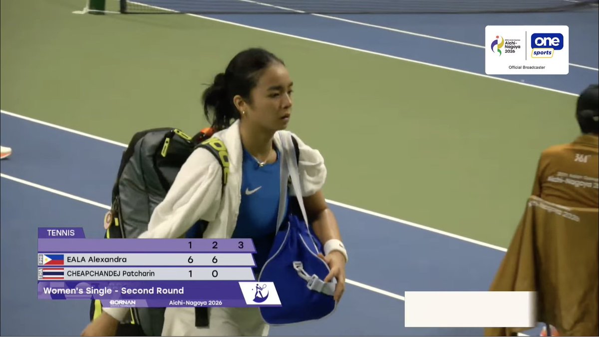 PhilippineStar's tweet photo. ALEX IN ASIAD QUARTERFINALS 🇵🇭

FINAL: Alex Eala dispatches Thailand’s Patcharin Cheapchandej, 6-1, 6-0, to march on to the quarterfinals of the 2026 Achi-Nagoya Asian Games. (Screenshots/ONE Sports) | via @bryanulanday https://t.co/684UVUgDsw