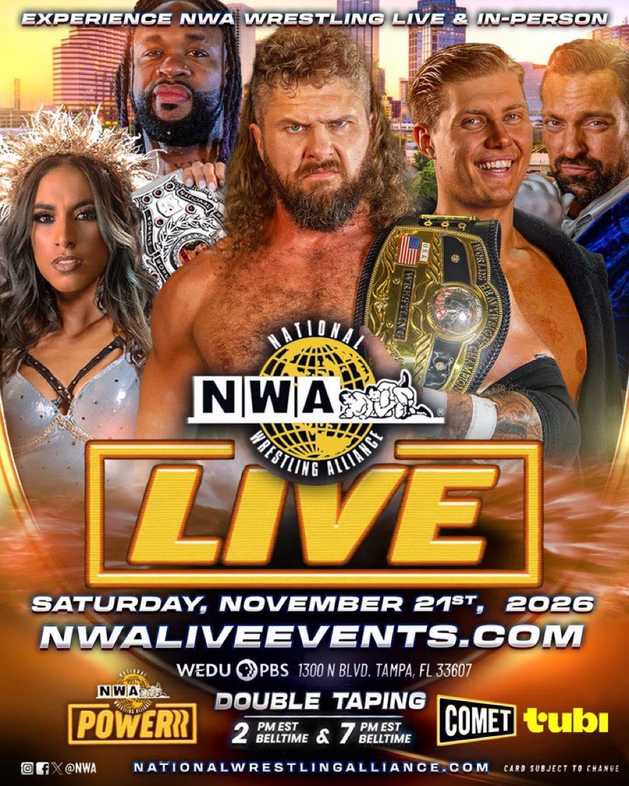 nwa's tweet photo. 𝙉𝙒𝘼’𝙎 𝙉𝙀𝙓𝙏 𝙇𝙄𝙑𝙀 𝙀𝙑𝙀𝙉𝙏: 𝙏𝘼𝙈𝙋𝘼!
The action and excitement of 𝙉𝙒𝘼 𝙋𝙊𝙒𝙀𝙍𝙍𝙍 returns to Tampa’s WEDU PBS Studios on November 21! Experience Comet’s hit series LIVE at this double television taping! Shows at 2PM & 7PM. Tickets on sale now. Don’t miss it! https://t.co/P2gxaJEyhd