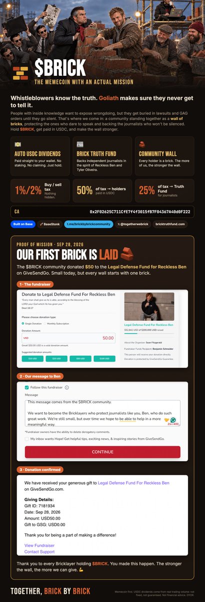 togetherwebrick's tweet photo. 🧱 Our first brick is laid!!! 🧱

We just donated $50 to the Legal Defense Fund for Reckless Ben on GiveSendGo 💵📰

Small step, but every wall starts with one brick. 💪

Huge thanks to all the Bricklayers holding $BRICK. You made this happen. 🙏👷‍♂️👷‍♀️

Want passive USDC while standing behind journalists who won't be silenced? Join the wall 👇
🚀 https://t.co/beVC7Opwu4

Brick by Brick. 🧱🧱🧱