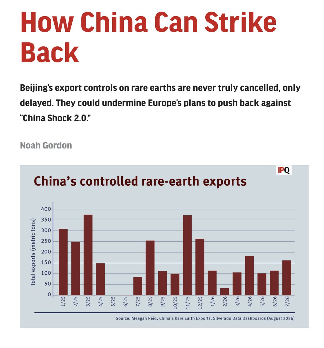 noah_gordon_'s tweet photo. The EU is rightly standing up to China to protect its economic interests. But with its export controls on rare earths and magnets, Beijing still possesses the weapon that made the US back down last year. 

My new piece for @IPQuarterly https://t.co/okjBsIGDF3
