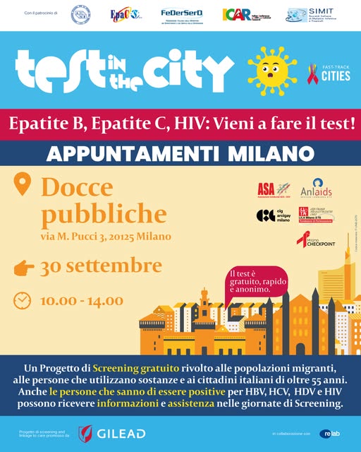 AsaOnlus's tweet photo. Prosegue la campagna di screening 𝐓𝐞𝐬𝐭 𝐢𝐧 𝐭𝐡𝐞 𝐂𝐢𝐭𝐲 nella città di Milano.📷
Prossimo appuntamento sarà alle Docce Pubbliche di Via Pucci 3 a Milano ( Corso Sempione/ M5 Domodossola) dalle 10 alle 14;
test gratuiti, anonimi e a risposta rapida per #HBV, #HCV e #HIV https://t.co/eRDndgacJs