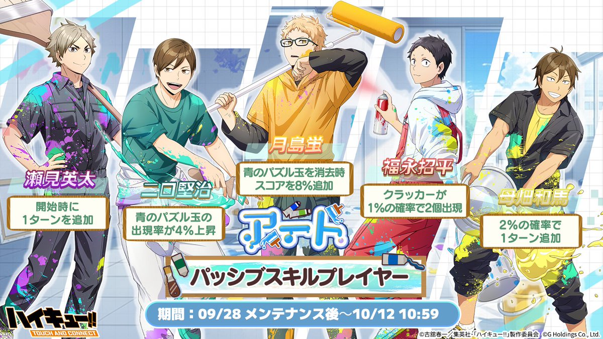 haikyu_haiconne's tweet photo. 🎨🖌️￣￣￣￣￣￣￣￣
  ピックアップガチャ
   『アート』登場‼
＿＿＿＿＿＿＿＿🎨🖌️

「パッシブスキル」を持つプレイヤーをGETして
戦略的にステージを攻略しよう💡

▼期間：09/28(月)18:00～10/12(月)10:59

＃ハイコネ
＃ハイキュー
#hq_anime https://t.co/T5Mt8dQkm0