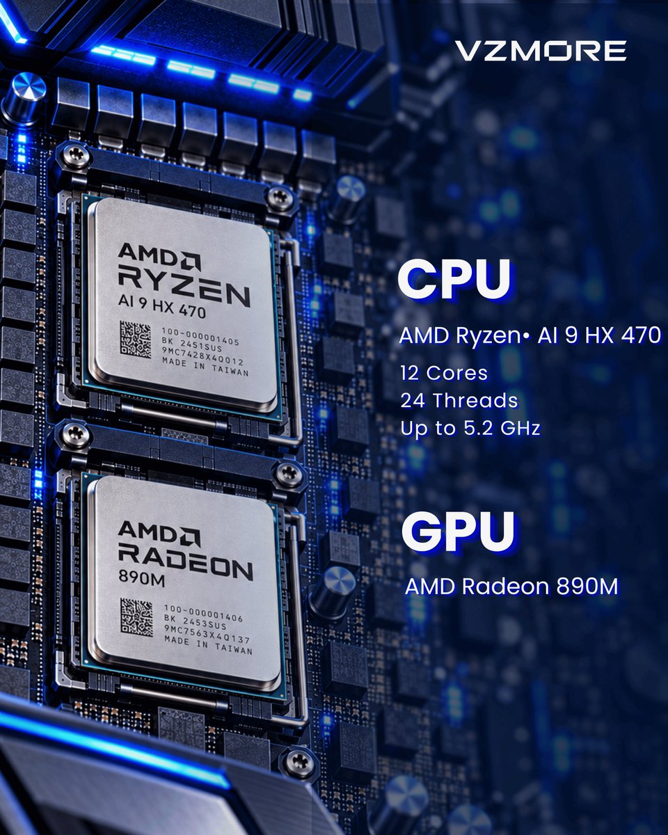 VZMORE_Official's tweet photo. So, what’s powering the VZMORE AX9 Max? 👀AMD Ryzen™ AI 9 HX 470 brings the performance for demanding work, with a built-in NPU ready to take on supported AI tasks.

And that’s only part of what’s inside.

Visit more🔗 Link BIO
Get 15% off with code: 𝐕𝐙𝐆𝐀𝐗
----
#VZMORE #MiniPC #tech #computer #CPU #AMD #AgenticAI #Radeon