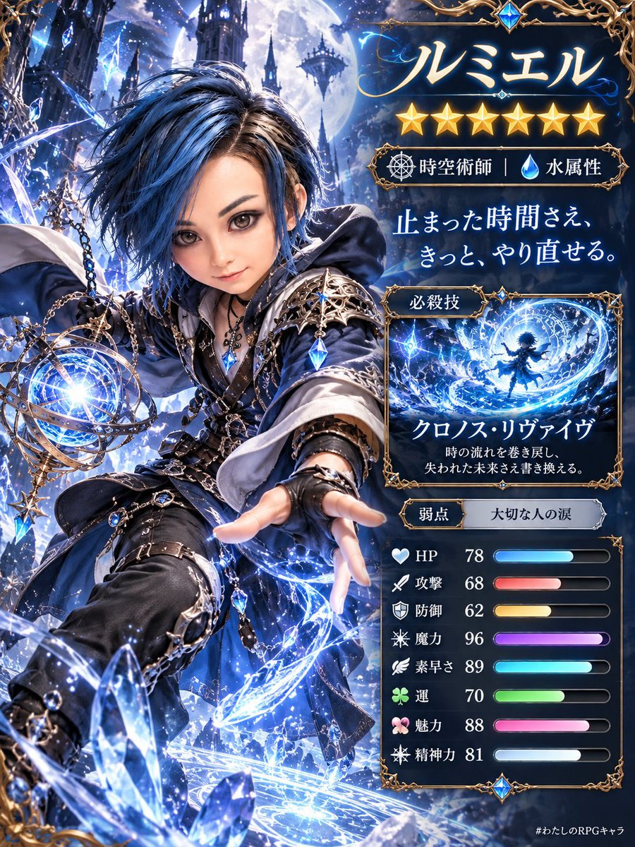 NoiPhoneNoMusic's tweet photo. 写真1枚で、あなたがRPGのキャラクターになるプロンプト作りました⚔️

職業も、属性も、武器も、必殺技も、ステータスも全部ランダム。
レア度は★1〜★7。弱点はだいたい図星です。

★いくつだったか、引用で見せてください！
#わたしのRPGキャラ https://t.co/z7gnJgEXnP