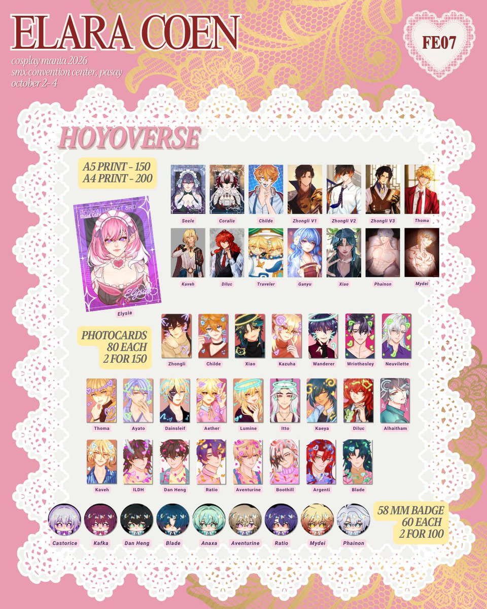 elara_coen's tweet photo. Here's my Catalog for Cosplay Mania! See you at FE 07! For Pre-orders, feel free to send a message! 

Available:
- Resident Evil
- Vocaloid
- Genshin Impact
- Honkai Star Rail
- Tears of Themis
- Love &amp; Deepspace
- Tamon's B-Side
#FanFairatCosplayMania2026 #cosmania

(1/2) https://t.co/sGe3KoGmdF