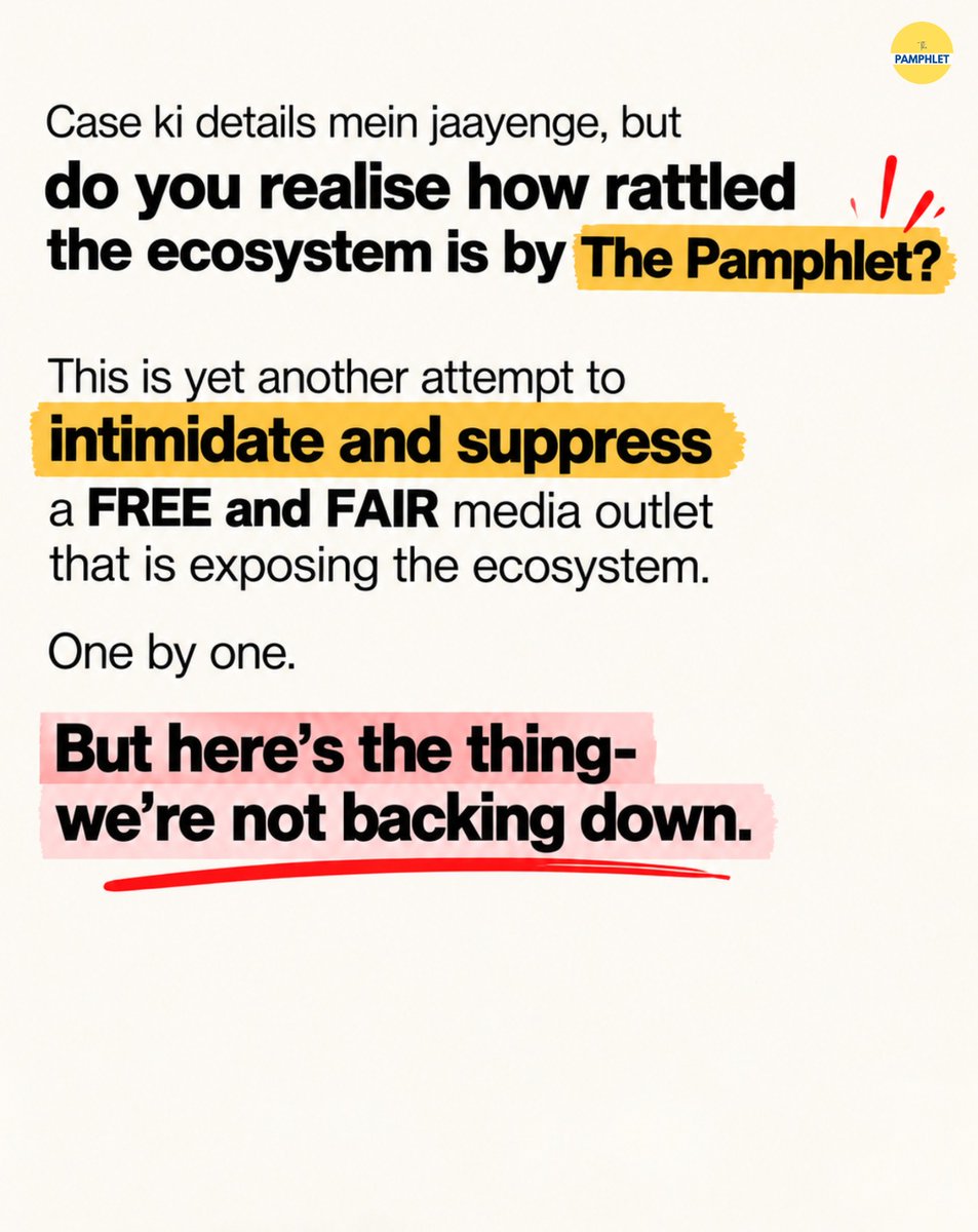 Pamphlet_in's tweet photo. Dinesh S. ( @d_s_thakur ) Thakur has filed a case against The Pamphlet for asking legitimate questions. 

Let us make it clear: The Pamphlet will not be intimidated, will not be silenced, and will not stop asking questions.

@sharmasimran_ https://t.co/LTTszldhoL