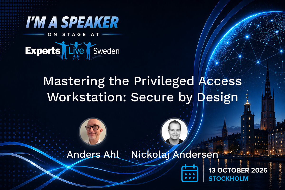 ExpertsLiveSE's tweet photo. Säkerhet på riktigt – från grunden! 🛡️
💡 “Mastering the Privileged Access Workstation: Secure by Design”
Anders Ahl och Nickolaj Andersen guidar dig genom hur du bygger säkra arbetsstationer för privilegierad åtkomst – designat för trygghet.

📅 13 oktober 2026
📍 Stockholm
🔗 https://t.co/R52F73ATo6

#ELSE26 #ExpertsLive #ExpertsLiveSweden