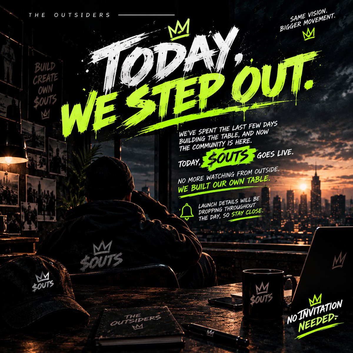 OutsidersOnX's tweet photo. TODAY, WE STEP OUT. 👑

We've spent the last few days building the table, and now the community is here.

 Today, $OUTS goes live.

No more watching from outside. We built our own table.

Launch details will be dropping throughout the day, so stay close.

NO INVITATION NEEDED.
$OUTS 🏴